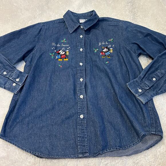 VTG Disney Denim Button Up Shirt Women Sz Lrg Minnie/Mickey Christmas Cotton - Picture 2 of 7